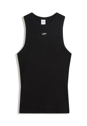 Top nero senza maniche a coste con un piccolo logo bianco centrato sotto lo scollo, realizzato da Bershka.