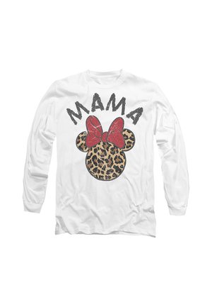 Weißes Langarmshirt mit dem Text „MAMA“ über einem Minnie-Maus-Kopf mit Leopardenmuster und roter Schleife.