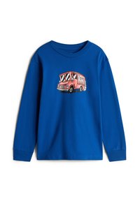 Blauwe longsleeve t-shirt van katoen met een grafisch ontwerp van een roze foodtruck met de tekst "VANS" aan de zijkant, die grote ramen toont.