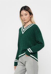 Femme avec de longs cheveux raides portant un pull en maille torsadée vert à col en V avec des rayures blanches et un jean gris clair, se tenant contre un fond blanc.