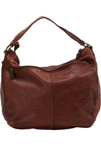 Bruine leren schoudertas met een gebogen vorm, een textuurondergrond en een ritssluiting. Heeft een enkele riem en accenten van messing hardware.