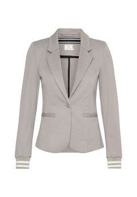 Grå tætsiddende blazer med spids revers, to frontlommer og stribede manchetter. Fremstillet af blødt stof med en glat overflade.