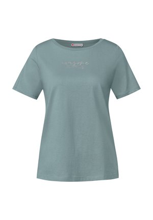 Lys teal bomulds T-shirt med korte ærmer, rund hals og et metallisk skrift design på brystet. Glat tekstur, afslappet pasform.