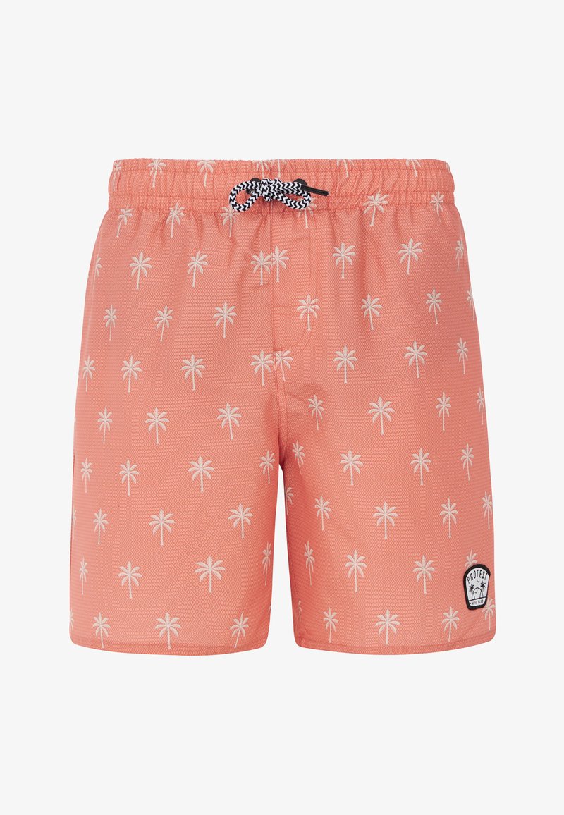 Vyrų maudymosi šortai koralų spalvos su baltais palmių raštais, elastinga juosmens juosta su raišteliu ir maža logotipo etikete kairėje kojų pusėje.