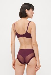 Mauve lingerieset bestaande uit een beha met verstelbare bandjes en een haaksluiting, gecombineerd met hooggesneden slipjes met doorzichtige meshpanelen.