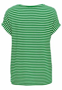 Camisa de manga corta a rayas verdes y blancas con un ajuste holgado y escote redondeado, que presenta una textura de tela suave y laterales con aberturas.