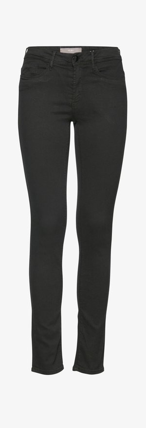 Black skinny jeans made of denim, featuring a mid-rise waist, five pockets, and a smooth texture with minimal stitching detail.