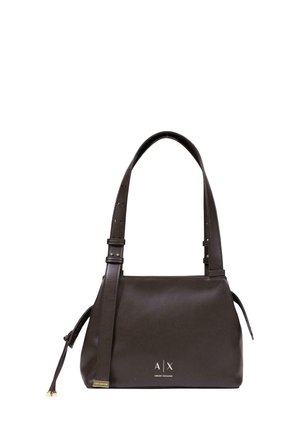Mørkebrun læder håndtaske fra Armani Exchange med justerbar rem og lille guldfarvet logo i midten foran.