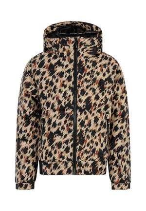  gepolsterte Jacke mit Kapuze, ausgestattet mit einem Leopardenmuster in Beige, Schwarz und Braun. Mit Reißverschluss und seitlichen Taschen.