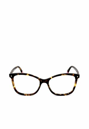 Occhiali a occhio di gatto in tartaruga con lenti trasparenti e piccoli accenti a stella dorata negli angoli superiori esterni delle montature.