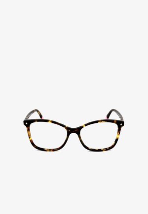 Occhiali a occhio di gatto in tartaruga con lenti trasparenti e piccoli accenti a stella dorata negli angoli superiori esterni delle montature.