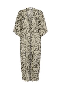 Couverture transparente jusqu'aux genoux avec un décolleté en V, ornée d'un motif de feuilles noir et beige. Manches amples et fermeture à liens à l'avant.
