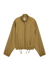 Giacca zip-up color marrone chiaro con vita e polsini elasticizzati, colletto alto e logo Puma sul lato sinistro del petto.