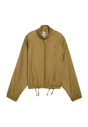Lysebrun zip-up jakke med elastisk talje og manchetter, høj krave og Puma-logo på venstre bryst.