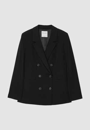 Black double-breasted blazer with notched lapels, two front pockets, and six buttons. Smooth fabric with a tailored fit and structured shoulders.