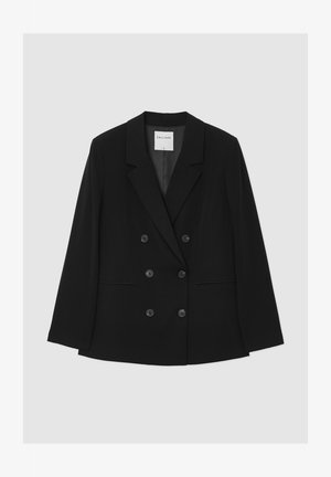 Schwarzer doppelt geknöpfter Blazer mit Revers, zwei Fronttaschen und sechs Knöpfen. Glattes Material mit tailliertem Schnitt und strukturierten Schultern.