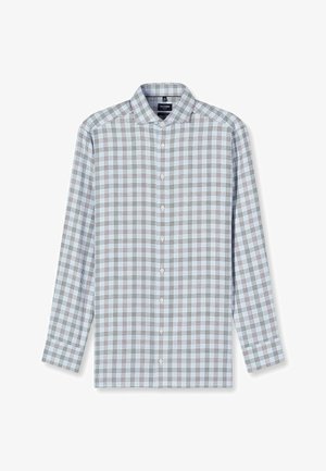 Hellblaues Hemd zum Knöpfen mit Karomuster in Dunkelblau, Rot und Schwarz. Verfügt über einen Kragen und lange Ärmel, hergestellt aus glattem Stoff.