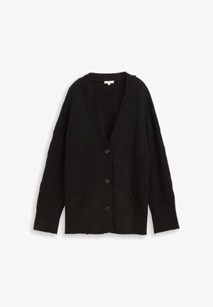 Schwarze Strickjacke mit V-Ausschnitt, gerippten Bündchen und Saum, mit einem strukturierten Muster und fünf schwarzen Knöpfen vorne. Weiches Strickmaterial.