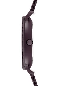 Ronde horloge met een donkerpaars kast, witte wijzerplaat, getextureerde lunette en een gevlochten paarse band. Voorzien van een kroon aan de zijkant voor het instellen van de tijd.