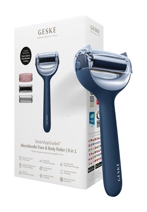 Mørkeblå Geske mikronål ansigts- og kropsteroller med tre udskiftelige hoveder og hvid produktæske med priser og teknologiske ikoner.