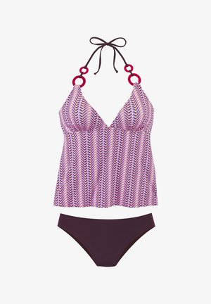 Zweiteiliger Badeanzug mit einem lila gemusterten Neckholder-Oberteil mit pinkfarbenen kreisförmigen Akzenten und einem einfarbigen dunkelvioletten Unterteil.