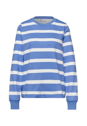 Blauw-wit horizontaal gestreepte trui met lange mouwen en ronde hals, met geribbelde manchetten en zoom, weergegeven op een effen achtergrond.