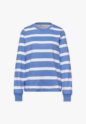 Jersey de manga larga con cuello redondo a rayas horizontales azules y blancas, con puños y dobladillo acanalados, mostrado sobre un fondo liso.