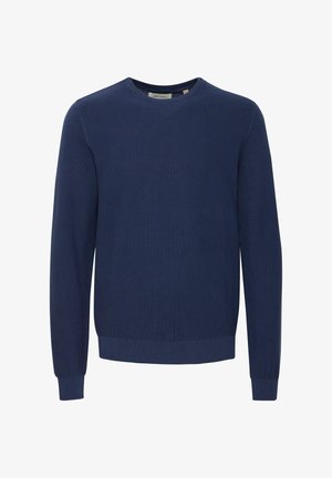 Marineblauer Pullover mit Struktur, rundem Ausschnitt, langen Ärmeln sowie gerippten Bündchen und Saum. Aus einem gestrickten Material mit Muster gefertigt.