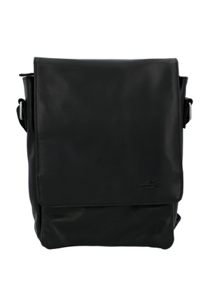 Czarna skórzana torba messenger o płaskim designie, z magnetycznym zapięciem na klapkę, regulowanym paskiem na ramię oraz subtelnym wytłoczonym logo.