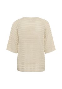 Haut en maille beige clair à manches courtes avec un motif de rayures texturé, col rond et coupe légèrement ample. Pas de quincaillerie ou d'accents notables.