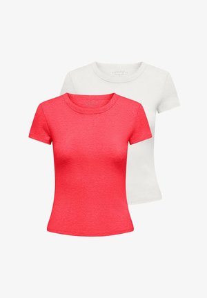 Deux t-shirts ajustés à manches courtes et col rond, l'un rouge corail à l'avant et l'autre blanc à l'arrière, présentés sur un fond blanc uni.