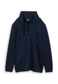 Marineblauwe pullover sweatshirt, hoge funnelnek met trekkoord, lange mouwen, zachte textuurstof en een ontspannen pasvorm, minimalistisch ontwerp.