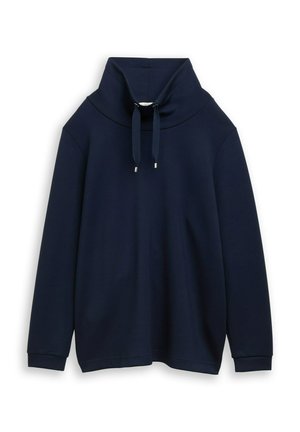 Navy pullover sweatshirt, high funnel neck with drawstrings, long sleeves, soft textured fabric, and a relaxed fit, minimalistic design.