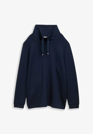 Navy pullover sweatshirt, high funnel neck with drawstrings, long sleeves, soft textured fabric, and a relaxed fit, minimalistic design.