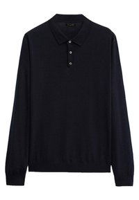 Polo à manches longues bleu marine en tissu doux, avec un col classique, une patte de boutonnage à trois boutons et des poignets ajustés.