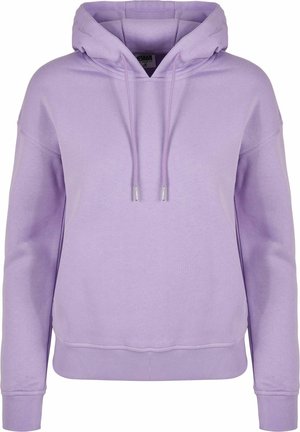 Purple cotton hoodie with a drawstring hood, ribbed cuffs, and hem. Features a relaxed fit and soft texture.