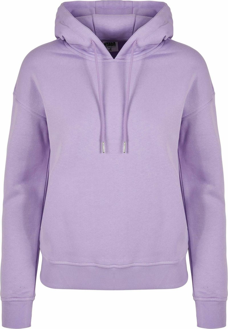 Lila Baumwoll-Hoodie mit Kordelzug-Kapuze, gerippten Bündchen und Saum. Verfügt über eine lässige Passform und eine weiche Textur.