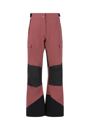 Rosa und schwarze Schneehosen im Cargo-Design mit zwei Seitentaschen, weitem Beinverlauf und kontrastierenden Farbblockmustern.