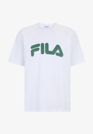Weißes Baumwoll-T-Shirt mit einem großen grünen FILA-Logo auf der Vorderseite. Rundhalsausschnitt und kurze Ärmel. Weicher Stoff, normale Passform.