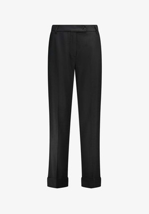 Pantalon noir en tissu lisse avec une coupe droite, doté d'un revers plié, de poches avant et d'une fermeture à un bouton.