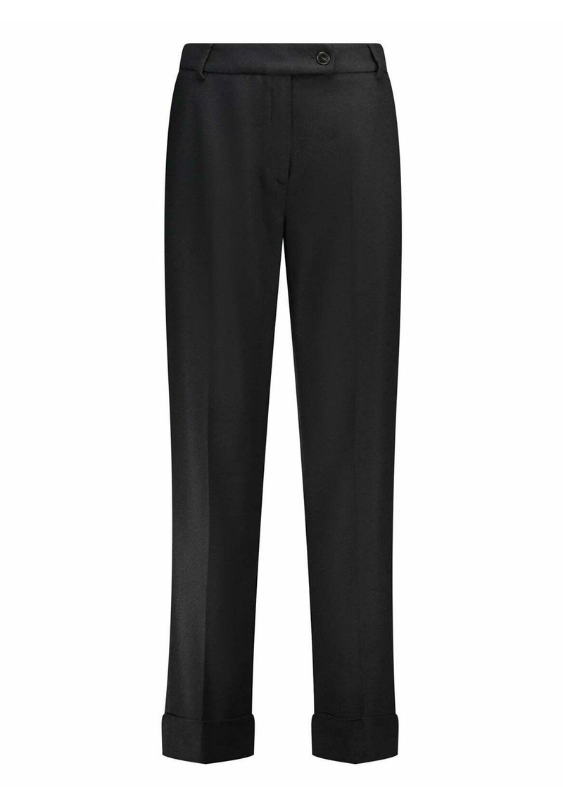 Pantalon noir en tissu lisse avec une coupe droite, doté d'un revers plié, de poches avant et d'une fermeture à un bouton.