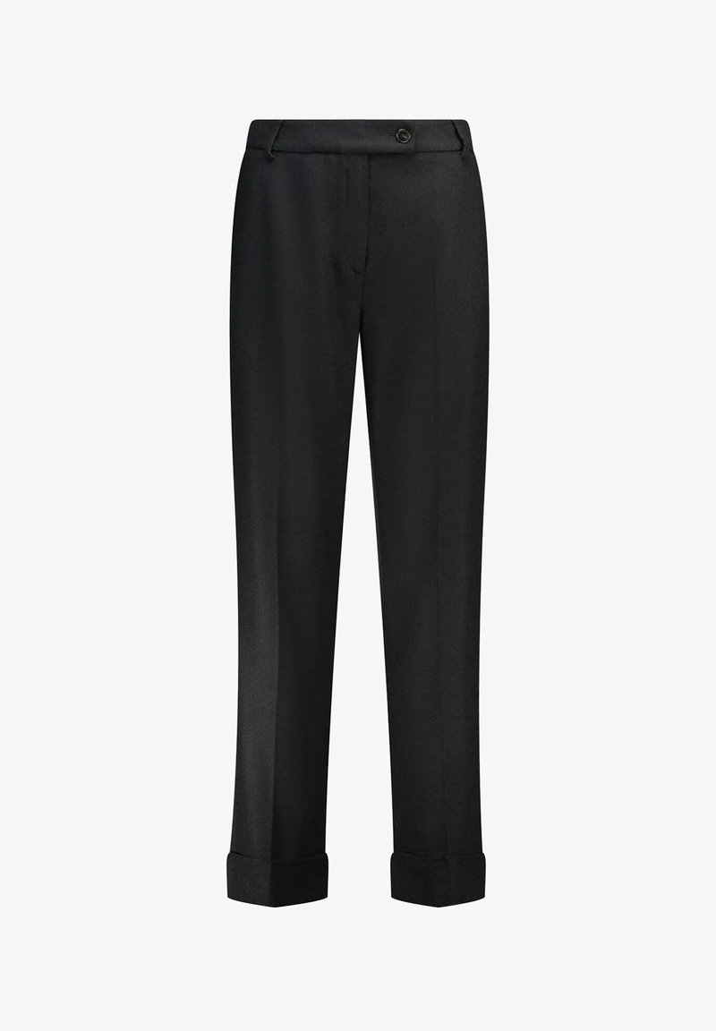 Pantalon noir en tissu lisse avec une coupe droite, doté d'un revers plié, de poches avant et d'une fermeture à un bouton.