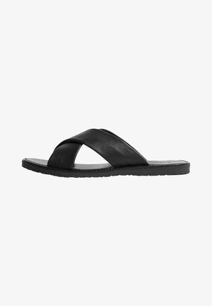 Sandali scivolati neri in pelle con un design a fascia incrociata spesso, suola piatta e superficie liscia. Suola in gomma antiscivolo.
