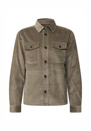Corduroy shirt in olive green with a button-up front, two chest pockets, and matching black buttons. Features a collar and long sleeves.