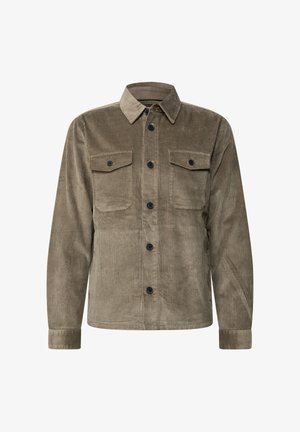 Olijfgroene corduroy shirt met een knoopsluiting aan de voorkant, twee borstzakken en bijpassende zwarte knopen. Heeft een kraag en lange mouwen.