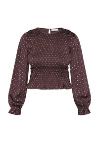 Mørk lilla langærmet bluse med hvide prikker, smocket bodice, elastiske manchetter og en lille knaplukning bagpå.