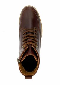 Brown leather ankle boot with lace-up closure, padded collar, and contrasting tan accents. Smooth texture with a rounded toe and side zipper.