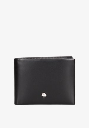 Zwarte leren bi-fold portemonnee met een klein zilveren embleem in het midden aan de voorkant, weergegeven tegen een witte achtergrond.