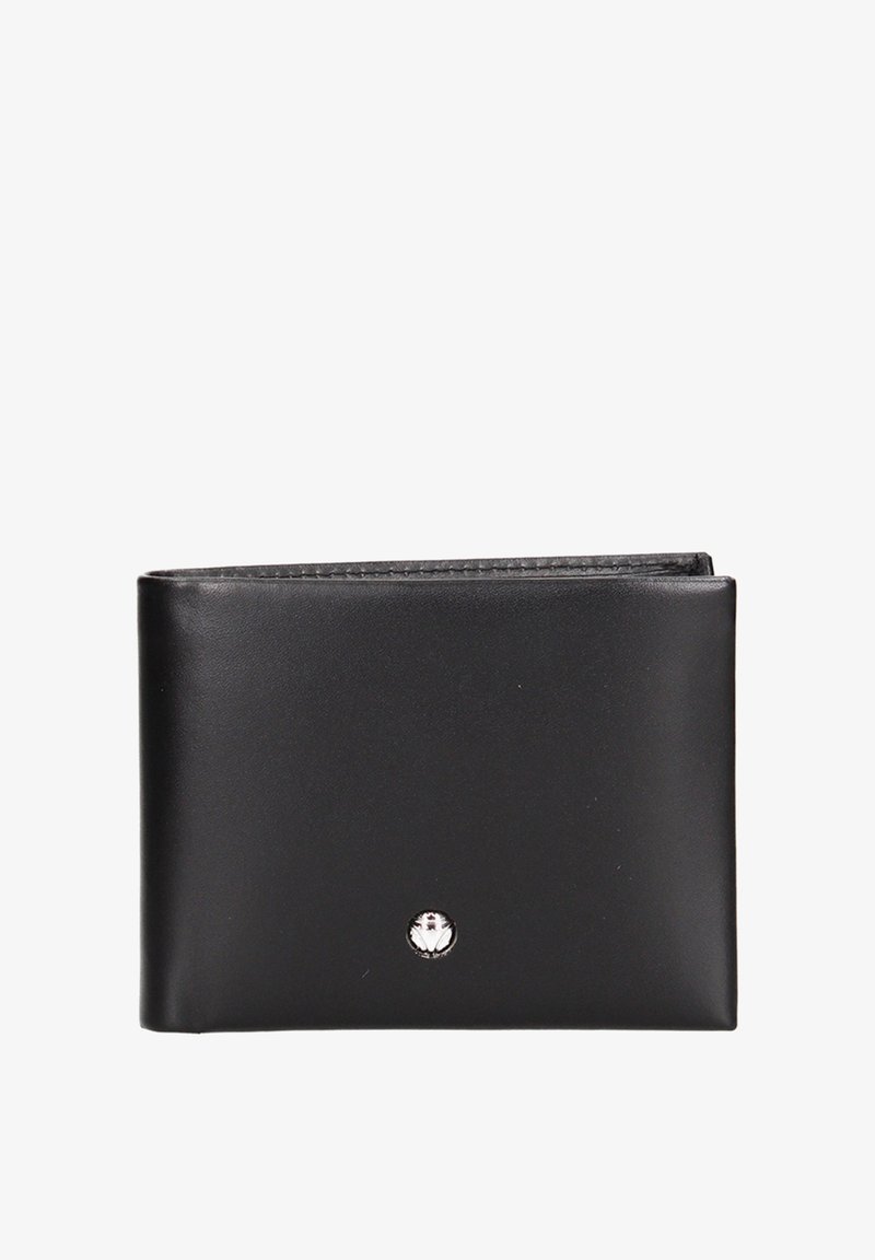 Portefeuille bi-fold en cuir noir avec un petit emblème argenté centré sur le devant, présenté sur un fond blanc.