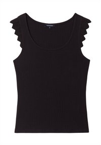 Svart ribbad linne med scalloped detaljer på axelbanden. Slät textur och figurnära design.